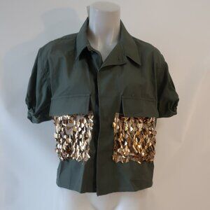 NWT Womens Hi Gorgeous Olive Gold Metallic Back and Pockets Cropped Shirt Top M